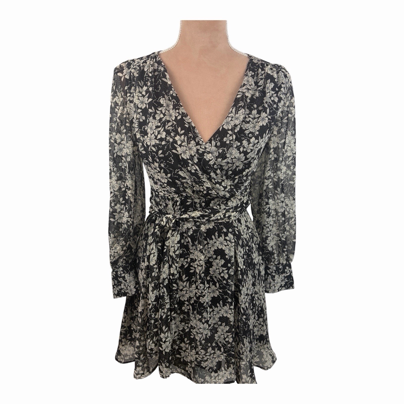 Zara Womens Small Black Floral Faux Wrap Mini Dress Sheer Long Sleeve Nwot